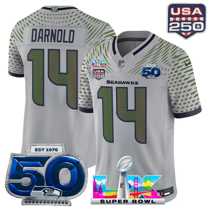 SEA Super Bowl LX - 50th Anniversary Patch Gold Vapor Limited Jersey N19 - All Stitched